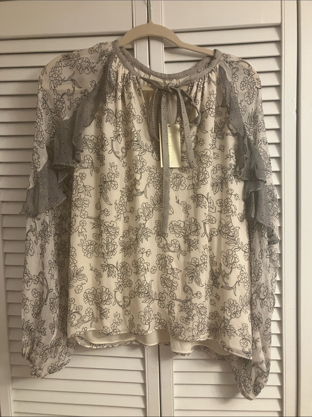Ramy Brook Cream Floral Ruffle Tie-Neck Blouse